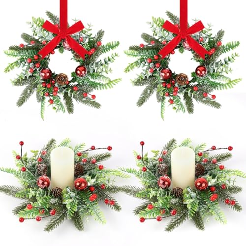 Image of Pillar Candle Ring Wreaths Mini Purple Lavender Table Centerpieces Wreath 9 Inch Wreath for Cabinets Artificial Farmhouse Lavender Wreaths for Front Door Porch Wall Window (4, Red Ball)