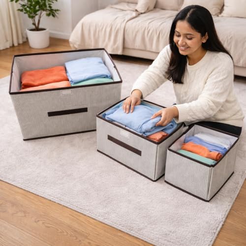 Image of DecorTwist Foldable Storage Box with Lid | Set of 3 (1 Large + 2 Small) | Non-Woven Fabric Wardrobe Organiser for Clothes, Toys, Blankets & Books | Collapsible Closet Shelf Organizer | Grey