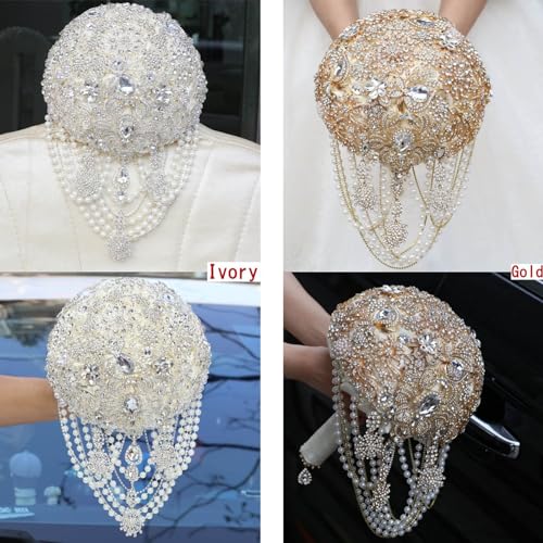 Image of MaxxCloud Luxury Gatsby-Inspired Vintage Wedding Golden Brooch Bouquets Handmade Sliver Bling Glam Wedding Bridal Bouquet