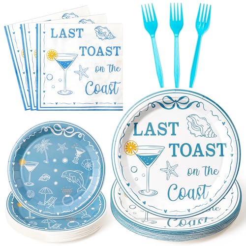 K1tpde 96PCS Last Toast On The Coast Bachelorette Party Tableware Set Included Paper Plates Napkins and Forks, Coastal Blue Bachelorette Party Decoration with Wine Cup Shell Starfish for Bridal Shower