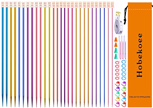 Hobekoee HOBEKOEE-2 60Pcs Aluminum Knitting Needles Set,Colored Straight Single Pointed Stainless Steel Knitting Needle Kit,13.8Inch Length cover