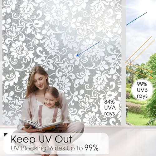 Image of MOCOCO Premium Vinyl Privacy Stained Frosted Window Glass Film (16x84 Inch) - Self-Adhesive Tint Wallpaper Sticker Opaque Sheet for Glass Cover Window, Door, Office, Home.| Anti-UV. White Flowers