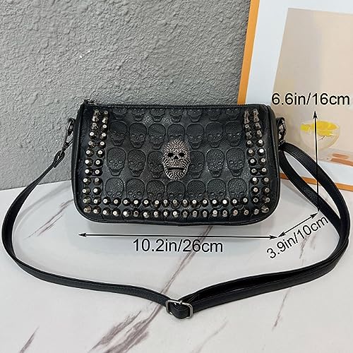 Small Women Classic Skull Crossbody Bag Vintage Gothic Clutch Purse Printing Shoulder Bag Rivets Handbag Black4
