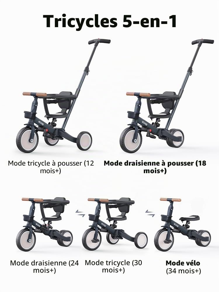 newyoo Tricycle Draisienne 5 en 1, Tricycle Bébé Évolutif 1-3 Ans avec Barre Poussée, Vélo Enfant, Guidon Réglable, Barres Sécurité, Jouet à Chevaucher, Cadeau Anniversaire, TR008, Gris Anthracite