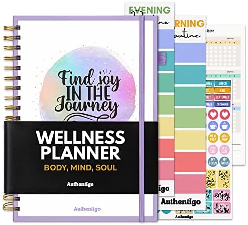 Authentigo Wellness Planner for Healthy Lifestyle - Self Care Journal with Hourly Schedule, Meal Plan and Gratitude - Track Weight Loss Diet, Fitness and Health Goals, Undated, 7" X 10", Find Joy