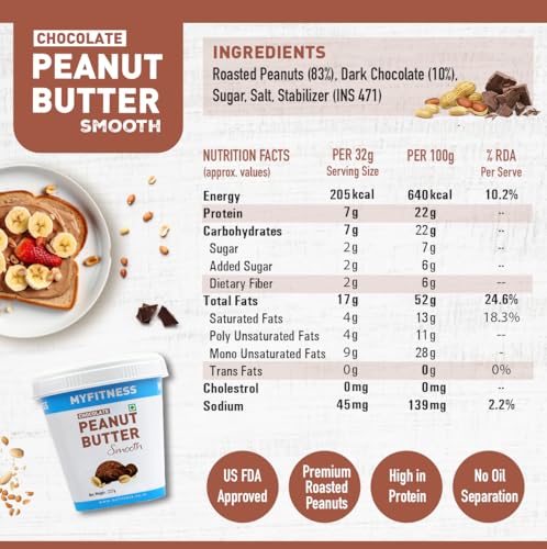 Image of MYFITNESS Peanut Butter Chocolate Spread Smooth 227g | 22g Protein & 6g Fiber | Healthier Nut Butter Spread for Breakfast, Snacks & Bread Treats | Cholesterol Free | Zero Trans Fat | Pure Roasted Nuts