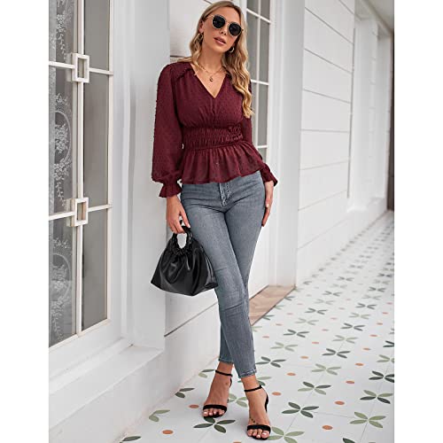 Zaful Women's V Neck Peplum Tunic Tops Mesh Sheer Polka Dot Puff Long Sleeve Casual Babydoll Dressy Shirt Elegant Blouse Wine Red #TOP2
