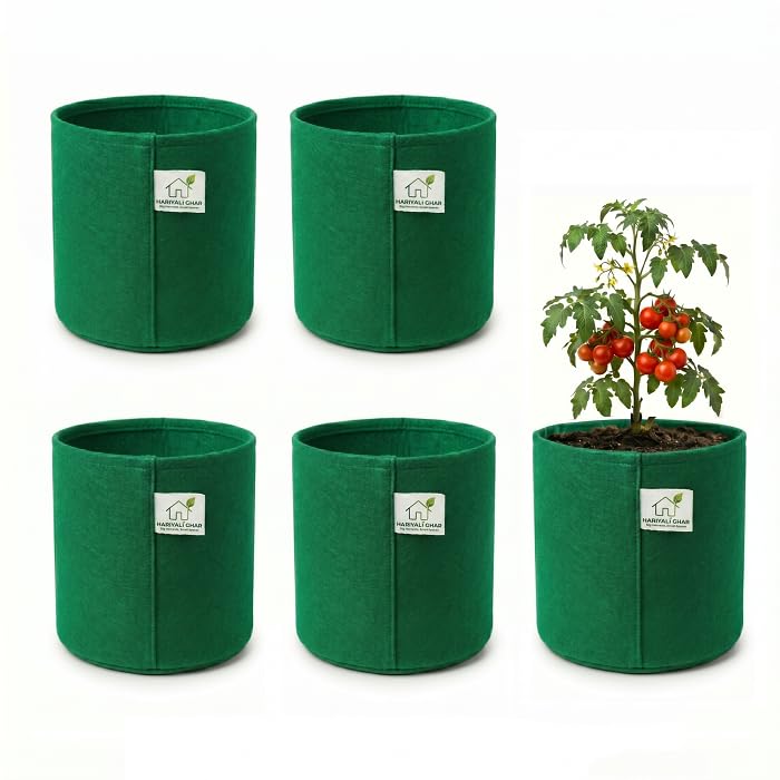 Image of 400 GSM Geo Fabric Round Grow Bags 6x6 Inch, Green Planting Bags for Terrace and Kitchen Gardening Pack of 5