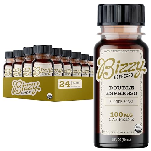 Bizzy Organic Double Espresso Shots, Blonde Roast Coffee, 100 mg caffeine/serving, Ready to Drink, 2 fl oz Bottles, 24 Count