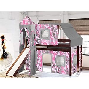 JACKPOT Princess Low Loft Bed with Slide Pink Camo Tent and Tower Twin Cherry