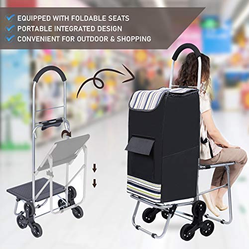 Klvied Folding Shopping Cart for Groceries, Heavy Duty Stair Climber Cart with Tri-Wheel, Metal Utility Trolley Dolly with Foldable Chair, Bigger Waterproof Shopping Bag, Adjustable Elastic Rope - Thumbnail 2