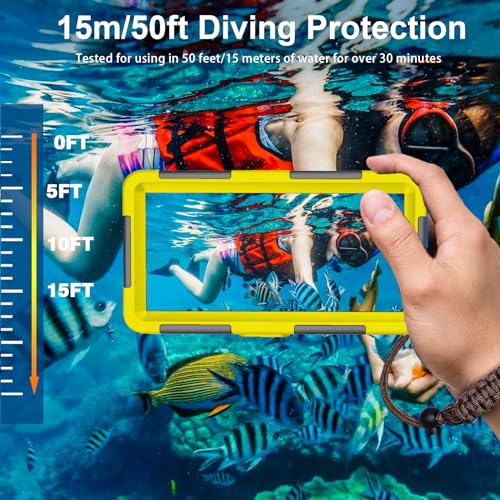 𝟐𝟎𝟐𝟓 𝐋𝐚𝐭𝐞𝐬𝐭 Underwater Snorkeling Diving Phone Case for iPhone 16/15/14/13/12/11 Pro Max, Samsung Galaxy S24/S23/S22/S21 [50ft/15m] Waterproof Case, Professional Scuba Phone Case - Yellow