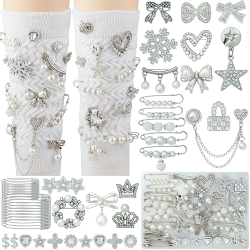 DoDoBeads 55 Pcs Silver Shoe Charms for Sneakers Silver Junk Socks Charms Kit Pearl and Rhinestone Sock Charm with Safety Pins DIY Accessories for Decorating and Personalizing Socks Shoes Hats
