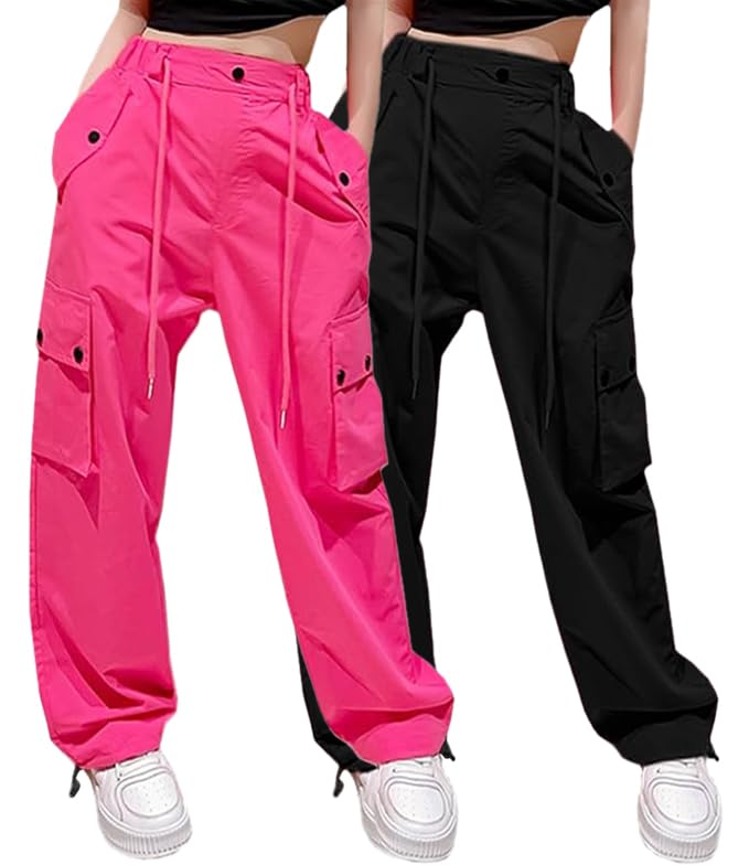 Cromoncent Girls Womens Parachute Pants 2 Packs Cargo Trousers 6 Years-Women XL
