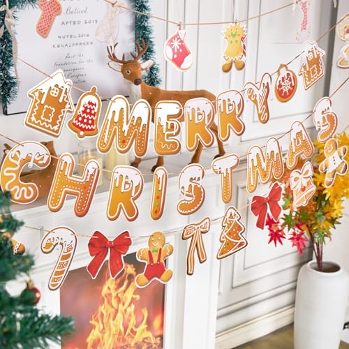 Image of Merry Christmas Banner Gingerbread Christmas Hanging Decoration 3PCS Gingerbread Theme Garland Banner for Holiday Home Office Fireplace Wall Decor Outdoor Indoor Xmas Party Banner