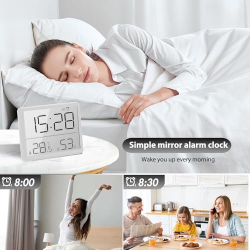 PZJFH Despertador digital con indicador de temperatura y humedad LCD pequeño diseño de succión multifuncional 12/24 horas ℃/℉ batería apoyo para el hogar estudiantes oficina blanco (blanco) - imagen 5