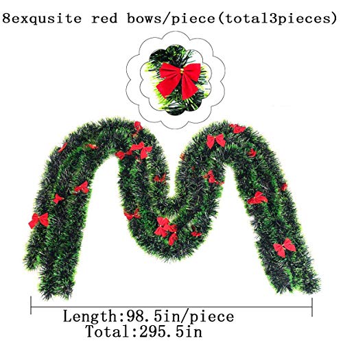 98.5" Christmas Foil Tinsel Garland,Classic Green Xmas Foil Hanging Garland Ornaments With Red Bows For Christmas Festive Holiday Wedding Home Party Garden Office Wall Decor(Green,3Pieces) #TOP1