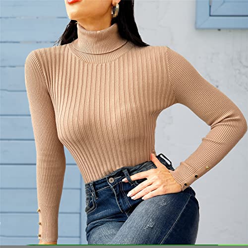 Women's Turtleneck Sweater Long Sleeves Solid Metal Button Fitted Knit Pullover Tops2