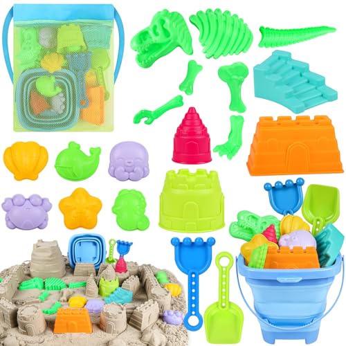 ERHAlCAT Beach Sand Toys Dinosaur Fossil Molds Sandbox Toys with Collapsible Bucket Sand Castle Building Kit Shovel Rake and Mesh Bag Outdoor Summer Travel Toys for Kids Ages 3-12