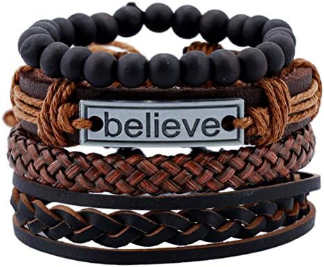 FLDC 4Pcs Braided Leather Wrap Bracelet For Men Women Cuff Set Wood Bead Hemp Cord Woven Wooden Beaded Multi Layer Wrist Bracelets Wristbands Adjustable Black Brown, 10 inches, BR101-A
