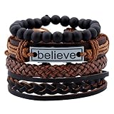 FLDC 4Pcs Braided Leather Wrap Bracelet For Men Women Cuff Set Wood Bead Hemp Cord Woven Wooden Bead