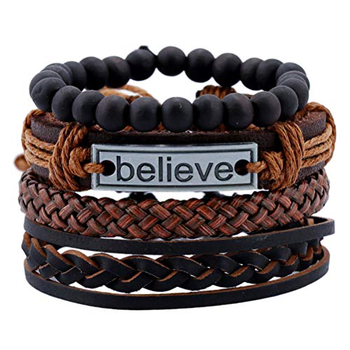 Fldc 4Pcs Braided Leather Wrap Bracelet For Men Women Cuff Set Wood Bead Hemp Cord Woven Wooden Beaded Multi Layer Wrist Bracelets Wristbands Adjustable Black Brown, 10 Inches, Br101-A #TOP1