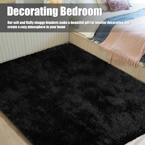9x12 Fluffy Area Rugs for Living Room,Large Fuzzy Shag Area Rug for Bedroom,Black Soft Non-Shedding Indoor Plush Carpet for Kids Bedroom Nursery Home Decor