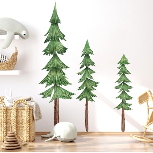 Image of Large Pine Tree Wall Decals Peel and Stick Watercolor Extra Large Tree Wall Decal Forest Nature Green Tree Wall Stickers Giant Pine Tree Wall Decals for Nursery Kids Room Decor