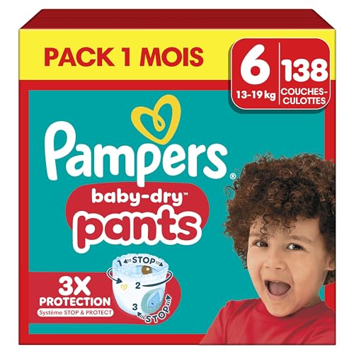 Pampers Baby-Dry Pants, Taille 6, 138 Couches-Culottes, 14-19kg, Maintien 360° Contre Les Fuites Avec Une Poche Stop & Protect Pour Une Nuit Jusqu'à 100% Sans Fuites, Pack 1 Mois