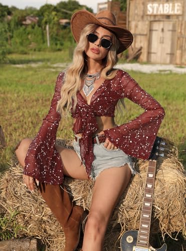 Image of Women Tie Front Bell Sleeve Rave Crop Tops Floral Print Hippie Mesh Sheer Shirt