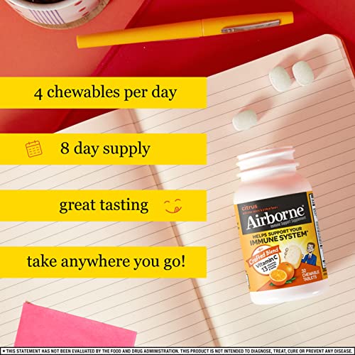 Airborne 1000Mg Vitamin C Chewable Tablets With Zinc, Immune Support Supplement With Powerful Antioxidants Vitamins A C & E - 32 Chewable Tablets, Citrus Flavor #TOP3