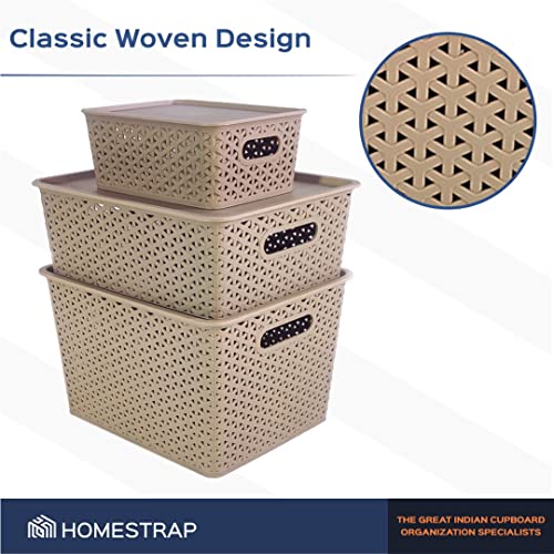 Image of Homestrap Set Of 3 Plastic Storage Organizers /Baskets With Lid For Kitchen, Clothes, Multipurpose Vegetables, Toys, Books, Office, Stationery, Wardrobe(Small, Medium, Large | Biscuit)