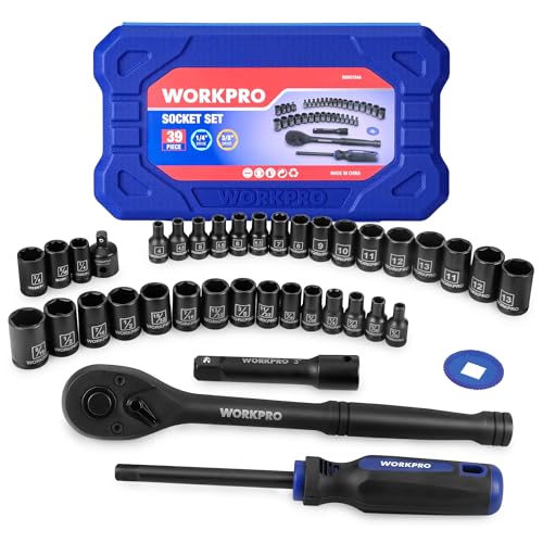 Image of WORKPRO 39PC Drive Socket Wrench Set, 1 /4'' & 3 /8'' Sockets Kit, 3 /8 inch Ratchet, Extension Bar, Spinner Handle & Adapter, Premium Black Phosphate Finish Mechanics Tool Set with Tool Box, Metric & SAE