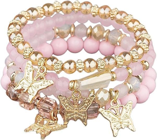 4pcs Butterfly Bohemian Beaded Stackable Stretch Bracelet Set Elastic Colorful Charm Multi-Layer Butterfly Crystal Stone Stretch Bracelets