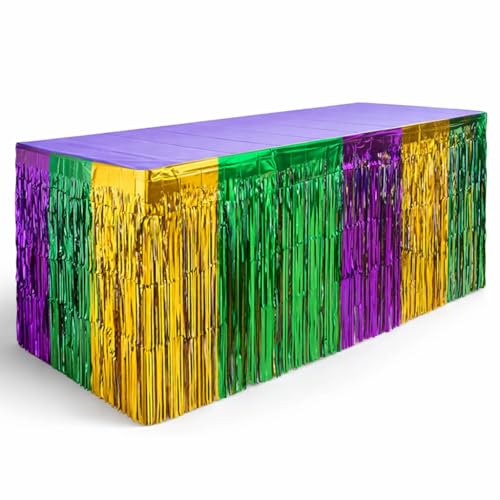 Giftexpress 2-pk Mardi Gras Metallic Fringe Table Skirts, Mardi Gras Party Table Skirt, Mardi Gras Table Decoration