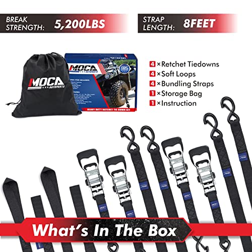Moca Heavy Duty Ratchet Tie Down Straps - 5200 Lbs Breaking Strength 1.6" X 8' , Includes 4 Heavy Duty Ratchet Padded Handles & Coated Chromoly S Hooks & 4 Soft Loop Tie-Downs #TOP5