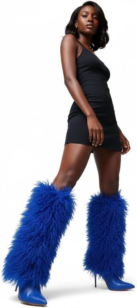 PAZZLE Women Knee-High Pointed Toe Fluffy Faux Fur Stiletto Boots Demure-1