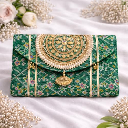 Image of JAIPUR ACE Women Ethnic Embroidered Clutch Bag with Golden Handwork & Tassel | Traditional Wedding, Party & Festive Shagun Purse| Return Gift Clutches (Pack of 3)