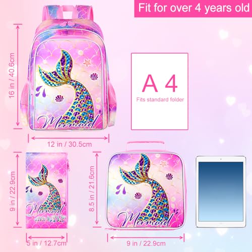 Image of HPJGD 3PCS Mermaid Backpack, Water Resistant Girls Bookbag Set with Lunch Box，Cute Kids Elementary School Bag for Preschool Toddler