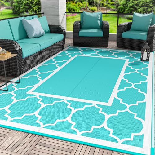 GENIMO 9 ' x 12 ' Outdoor Rug for Patio Clearance, Waterproof Indoor Outdoor Plastic Straw Rugs Carpet, Reversible Outside Area Mat for Camping, Balcony Porch, Deck, Picnic, Beach Aqua Blue