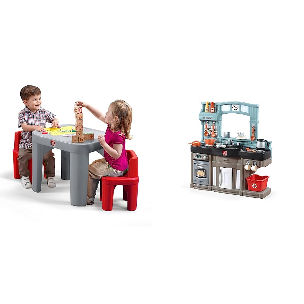 Step2Party for Two Table & Chairs Kids' Table and Chairs Set & Best Chefs Kitchen Set for Kids – Includes 25 Toy Kitchen Accessories, Interactive Features –Dimensions: 35.8” H x 34.4” W x 11.5” D