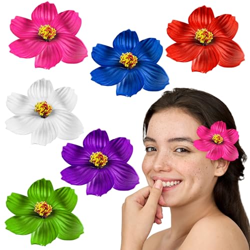 Super Z Outlet Hula Girl Paper Foam Hibiscus Color Assorted Flower Lei Hawaiian Island Rainforest Theme Hair Clips for Costume, Birthday Party Favors, Event Decoration Supplies (12 Pack)