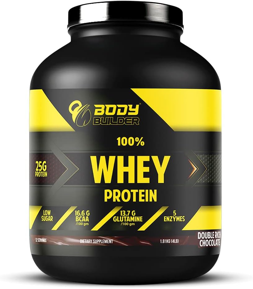 Body Builder100% Whey Protein - 25g Protein, BCAAs, Glutamine, Digestive Enzymes for Lean Muscle Growth & Endurance, Suitable for Vegetarians & Keto Dieters (Chocolate, 4 LB)