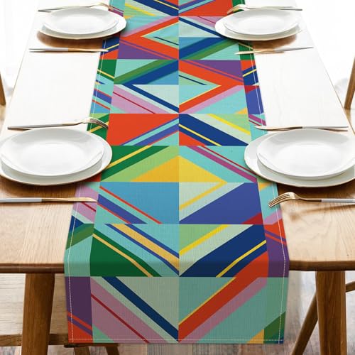 Croar Colorful Geometric Dining Table Runner, Multicolor Triangle Abstract Modern Art Burlap Kitchen Decoration, Minimalism Indoor Outdoor Home Decor Party Supply 13 x 72 Inches