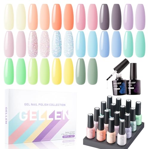 Gellen Gel Nail Polish Set, 16 Colors Summer Pastel Tones Kit with Gel Top and Base Coat, Glitter U V Nails Polish Kit for Gift
