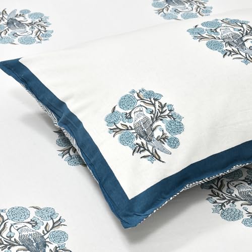 Image of DE CAMA Since 1997 | 100% Cotton 300 TC Premium King Size Bedsheet for Double Bed (90 x 108 Inch) with 2 Pillow Covers Set (17 x 27 Inch) Designer Printed Bedsheet Set - Birds of Wings Blue