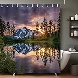 GrüNe BäUme Duschvorhang 180x180 cm Sonnenuntergang Schnee Berglandschaft aus Polyester wasserdicht waschbar mit 12 Ringen Badewanne Badezimmer Vorhang dekorativ