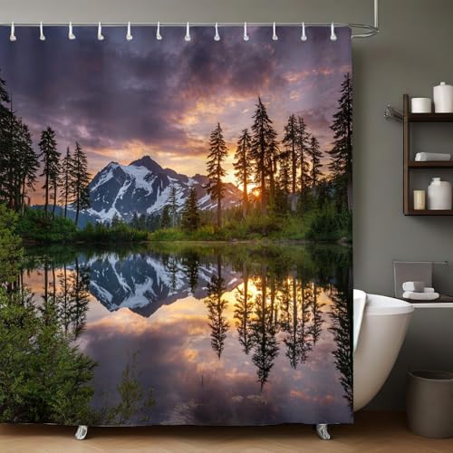 GrüNe BäUme Duschvorhang 180x180 cm Sonnenuntergang Schnee Berglandschaft aus Polyester wasserdicht waschbar mit 12 Ringen Badewanne Badezimmer Vorhang dekorativ