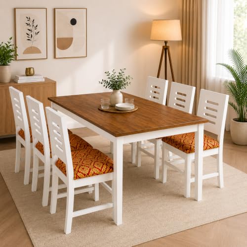 Image of 6 Seater Dining Table Set for Home & Kitchen | Walnut Finish Wooden Table with White Frame & 6 Cushioned Chairs | Modern Dining Furniture for Dining Room & Family Use | Table Size 57 x 30 x 29 Inches