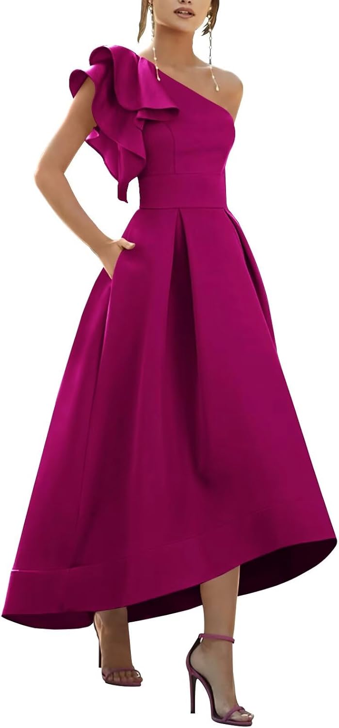 Bedlover Satin Prom Dresses 2025 Ruffle One Shoulder High-Low Formal Evening Party Gowns for Women